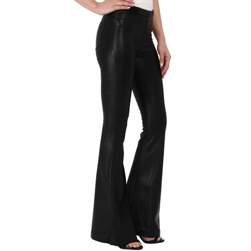 

Womens Wrap PU Bell-bottoms Pants Fashion Elastic Waist Flare Pantalon Femme Autumn Faux Leather Wide Leg Trousers