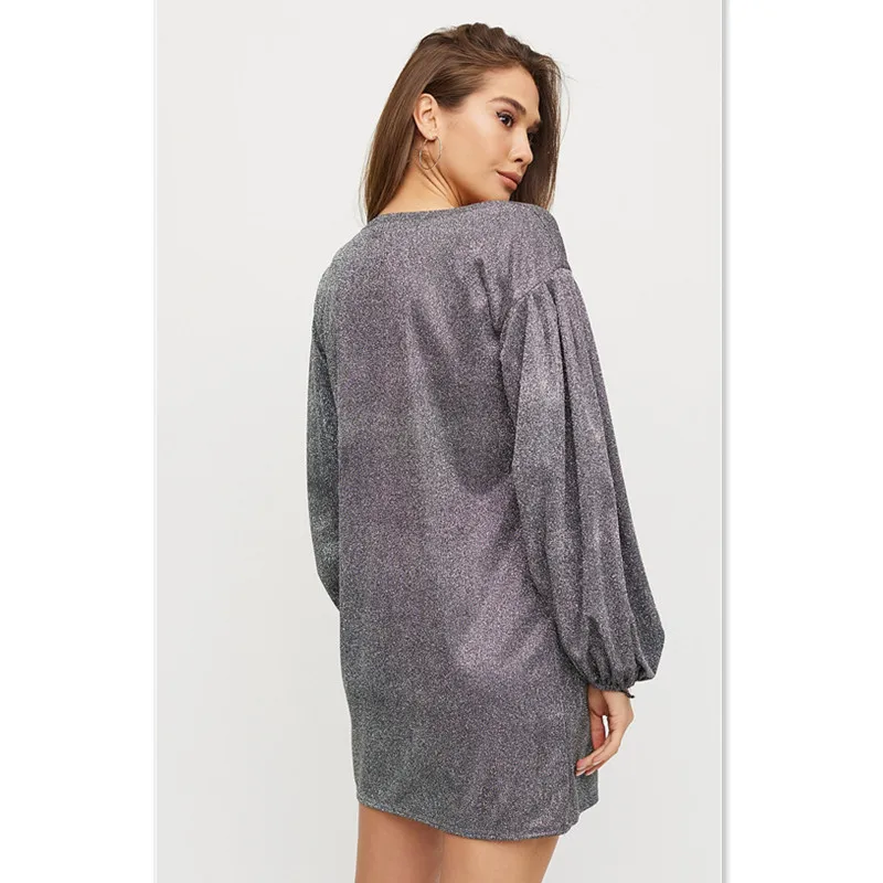 

Women Vintage Shiny Sequins Mini Party Dress Lantern Sleeve O neck Solid Casual Sheath Dress 2021 Summer New Fashion Women Dress