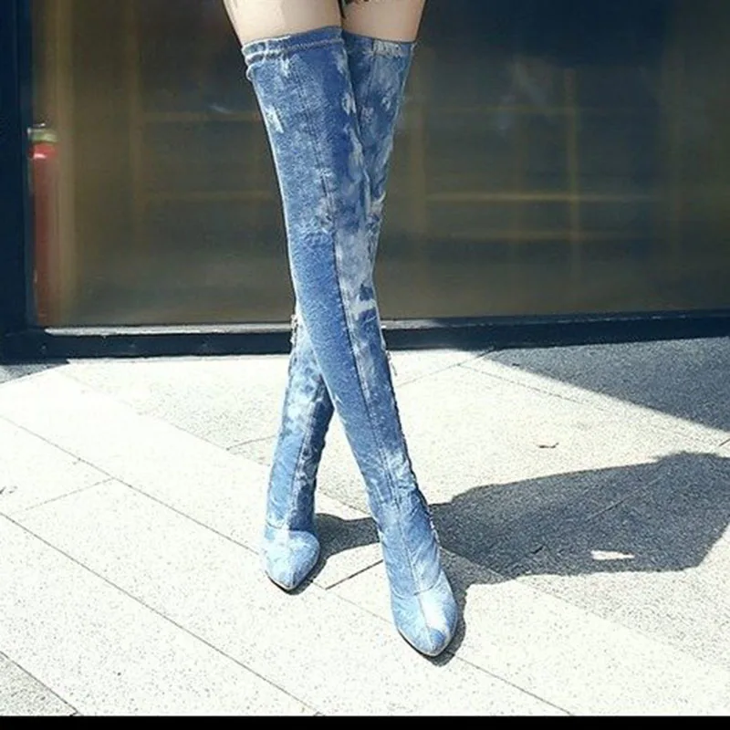

Ladies Socks Boots Long Barrel Over The Knee Denim Pointed Stiletto Boots Lady Soft Breathable Tight-fitting Fashion Cloth Boots