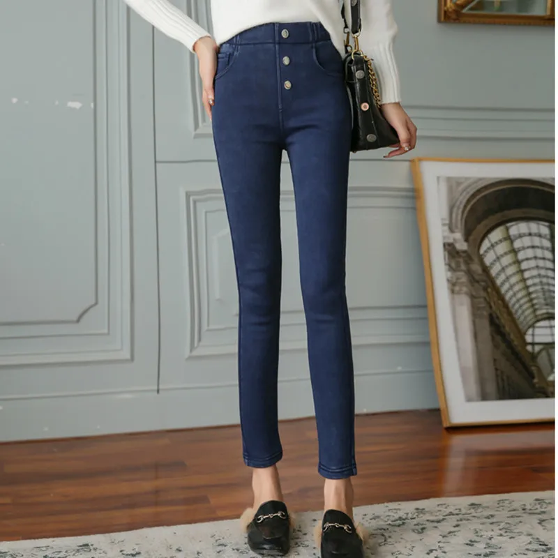 Женские теплые джинсы большого размера эластичные женские брюки мягкие