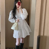 2021 spring shirt dress women white mini a line summer streetwear korean casual loose ladies blue puff sleeve ruffle dress