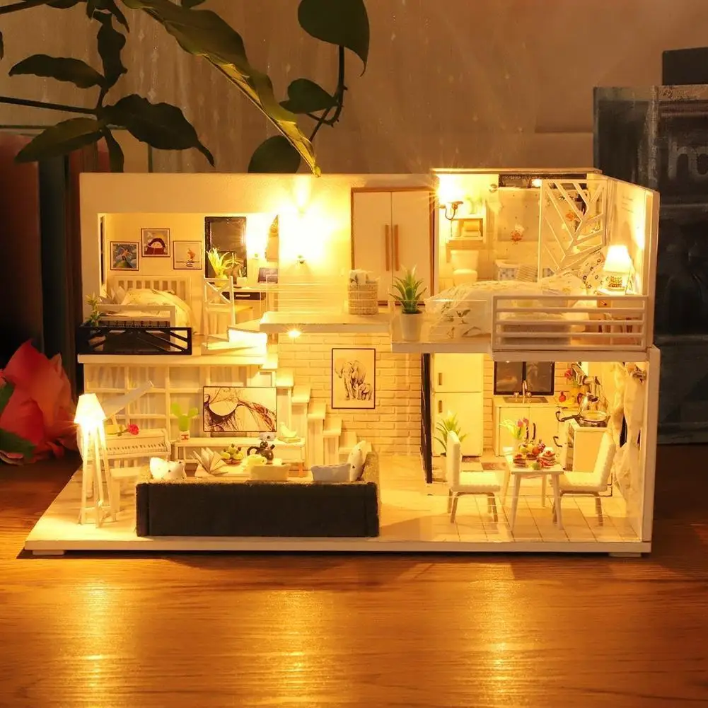 

Miniature Handmade Model Room Decor Double-decker Wooden Puzzle DIY Birthday Toys 3D Toys Kids Gifts Assembling For Childre Q4C8