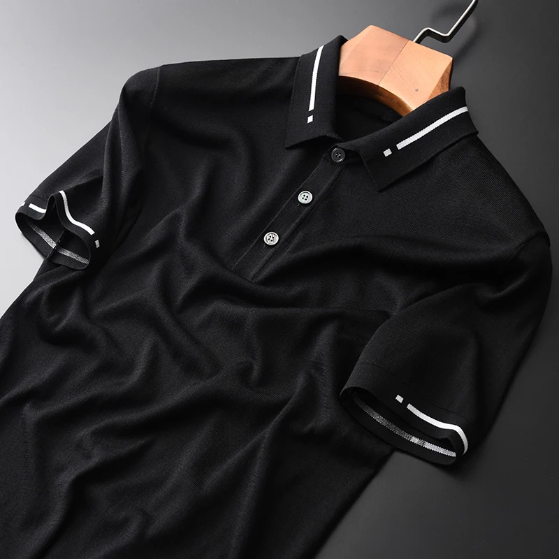 

Lyocell Mens T-shirts Luxury Knitted Fabric Short Sleeve Black Men T-shirts Plus Size 4xl Summer Turn-down Collar Man Tee