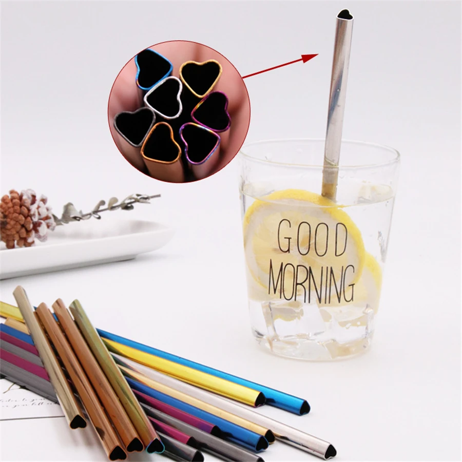 

600 Pcs Stainless Steel Metal Drinking Straws HEART Shaped Reusable Portable E-co Friendly Tubes Colorful Metal Straw Wholesale