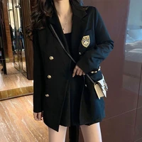 preppy style black badge suit jacket women new 2021 autumn harajuku korean mid length loose casual suit coat high street wear