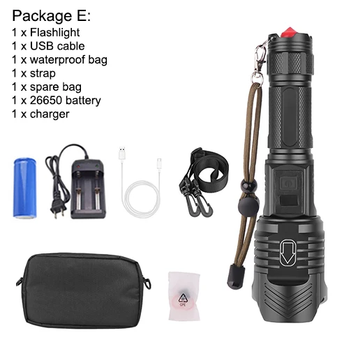 Package E Светодиодный фонарик XHP90 мощный фонарик XHP70 26650 масштабируемый фонарь умный чип водонепроницаемый нижний наружный молоток безопасности - Испускаемый цвет: Package E