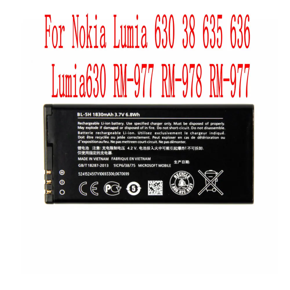 

Brand new High Quality 1830mAh BL-5H Battery For Nokia Lumia 630 38 635 636 Lumia630 RM-977 RM-978 RM-977 Cell Phone