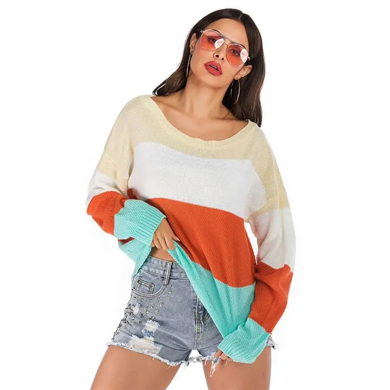 

Women Autumn Long Sleeve Sweater Color Block Patchwork Striped Pullover Tops Crew Neck Waffle Knitted Loose Jumper Shirts Street
