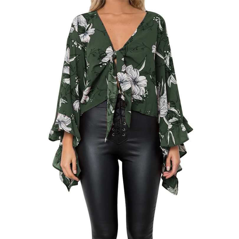 

Women Sexy Batwing long sleeve v-neck Pattern bandage high crop 2019 fall winter women fashion Printing Tops Blouse JJ20