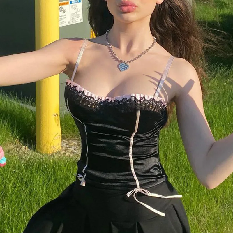 

Y2K Aesthetics Vintage Lace Trim Stitch Satin Tops E-girl Gothic Bow Ribbons Spaghetti Strap Backless Black Cami Top Outfit