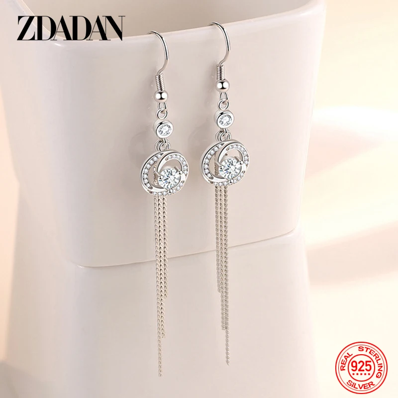 

ZDADAN 925 Sterling Silver Round Zircon Long Tassel Dangle Earrings For Women Charm Jewelry
