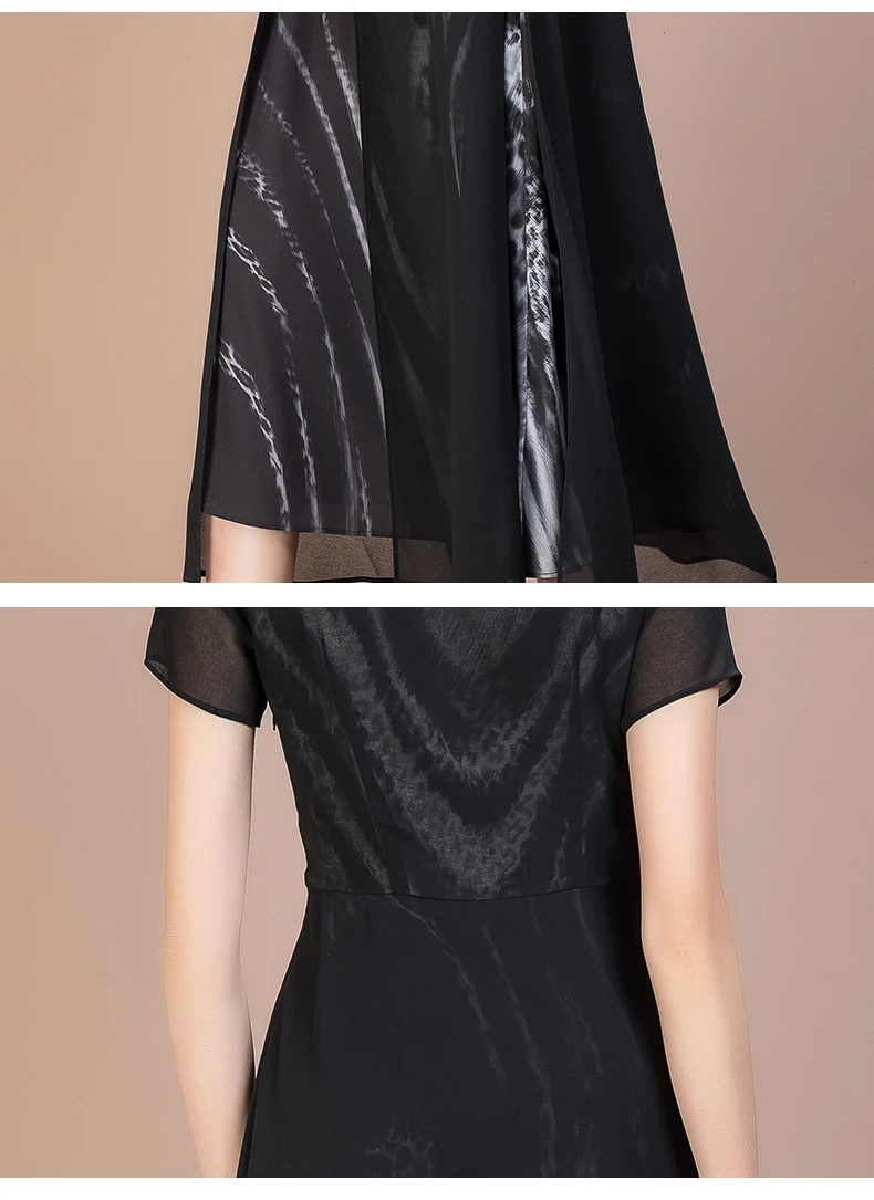 

Summer Elegant Dress Chiffon Black Chic Print O Collar Women Maxi Dresses