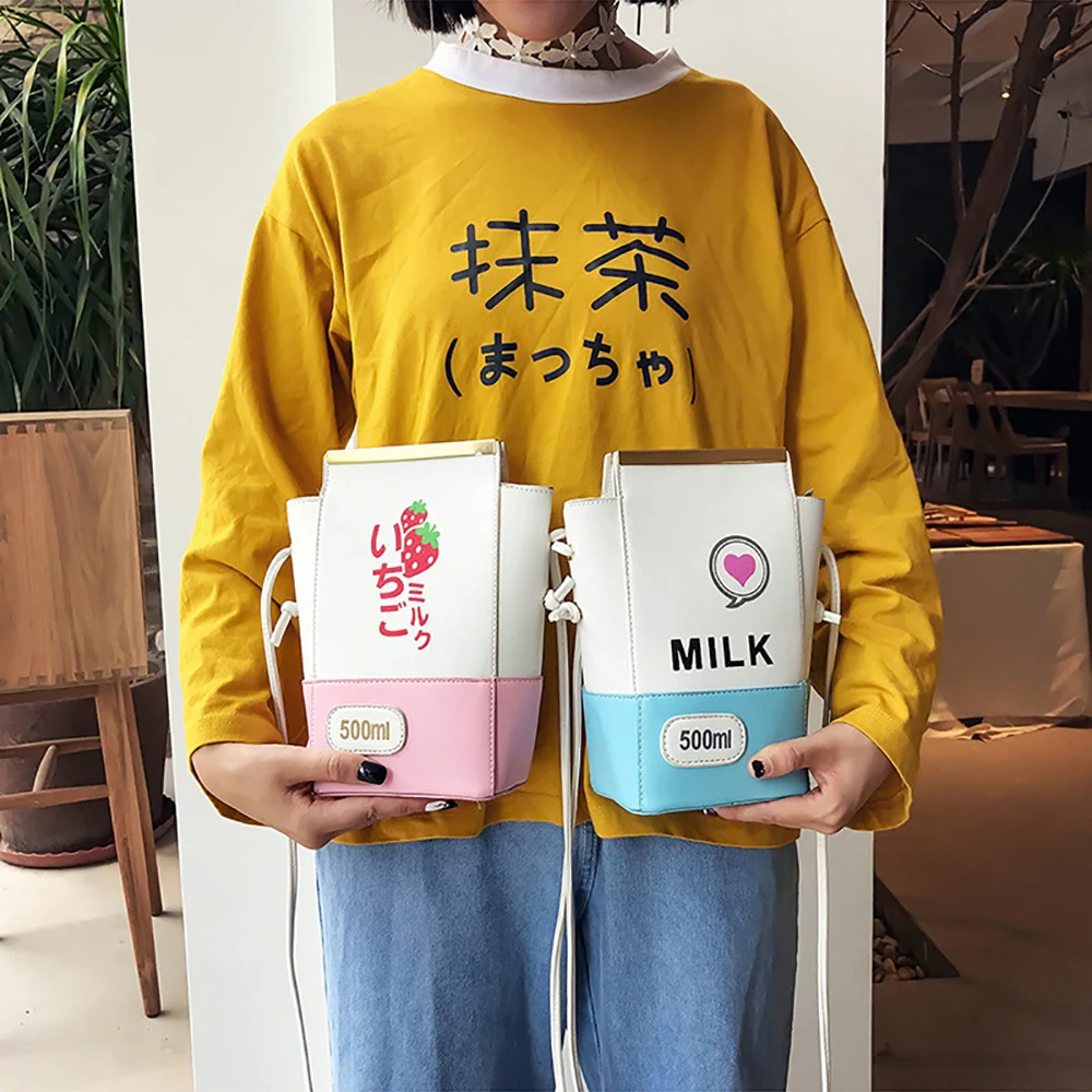 

Ladies Cute Drink Box Bag for Women 2021 Lovely Milk Cartoon Printing Shoulder Crossbody Bag Female Designer Coin Phone Purses