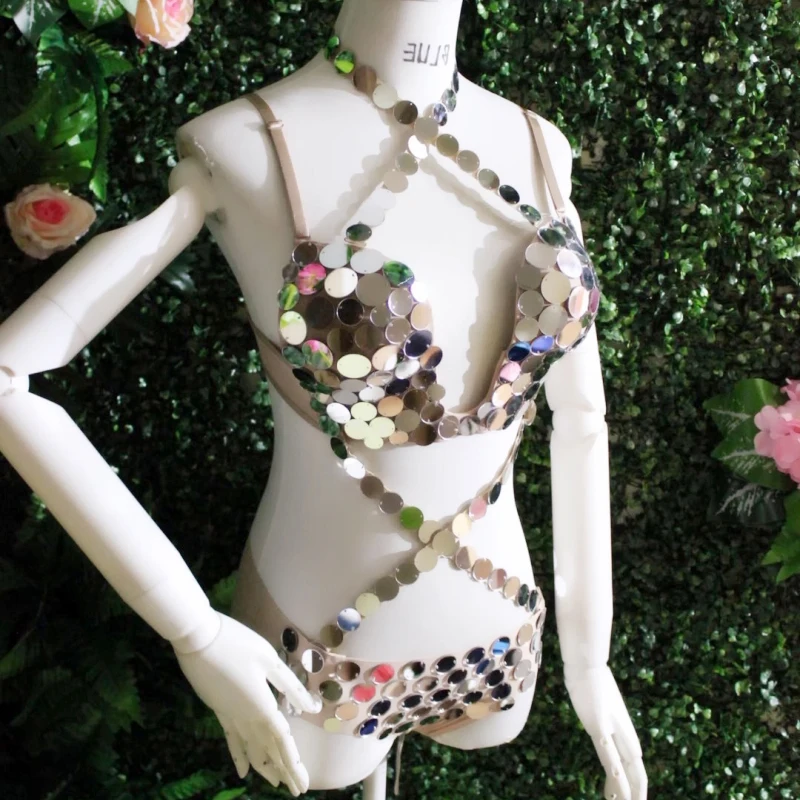 

Mirror Silver Sequin Bikini Nightclub Bar Dj Ds Female Singer Stage Performance Dance Costume Lady Party Evening Outfits DL4352