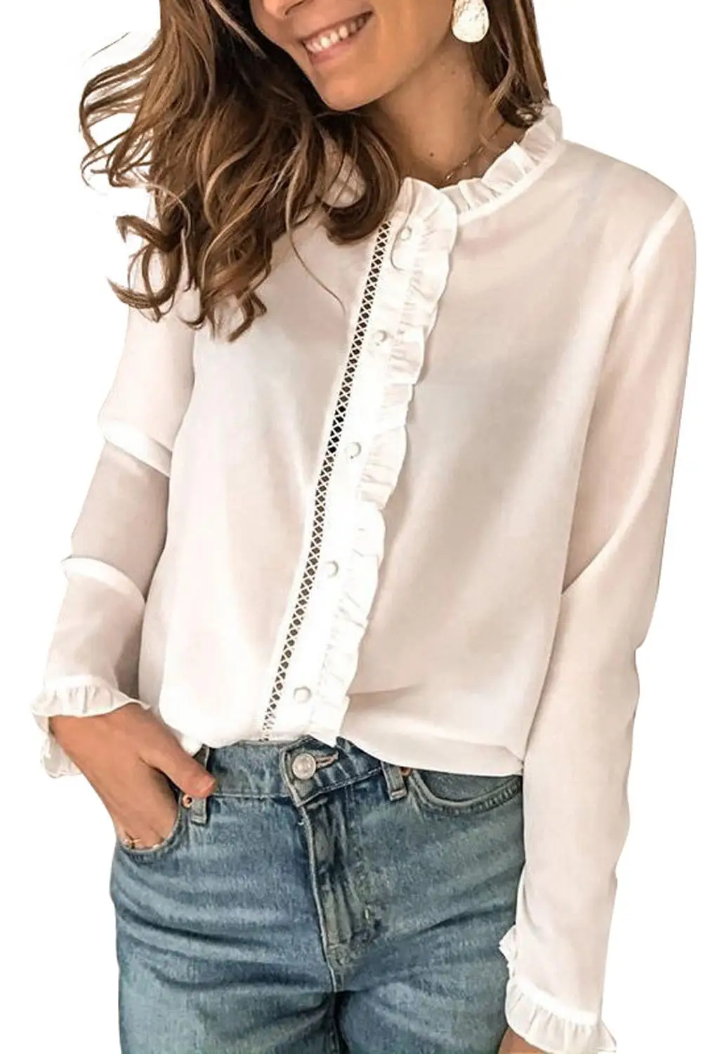 

Apricot Frilled Neckline Buttoned French Blouse Shirt Women Black White Solid O Neck Long Sleeve Sweat-Absorbing Elegant Tops