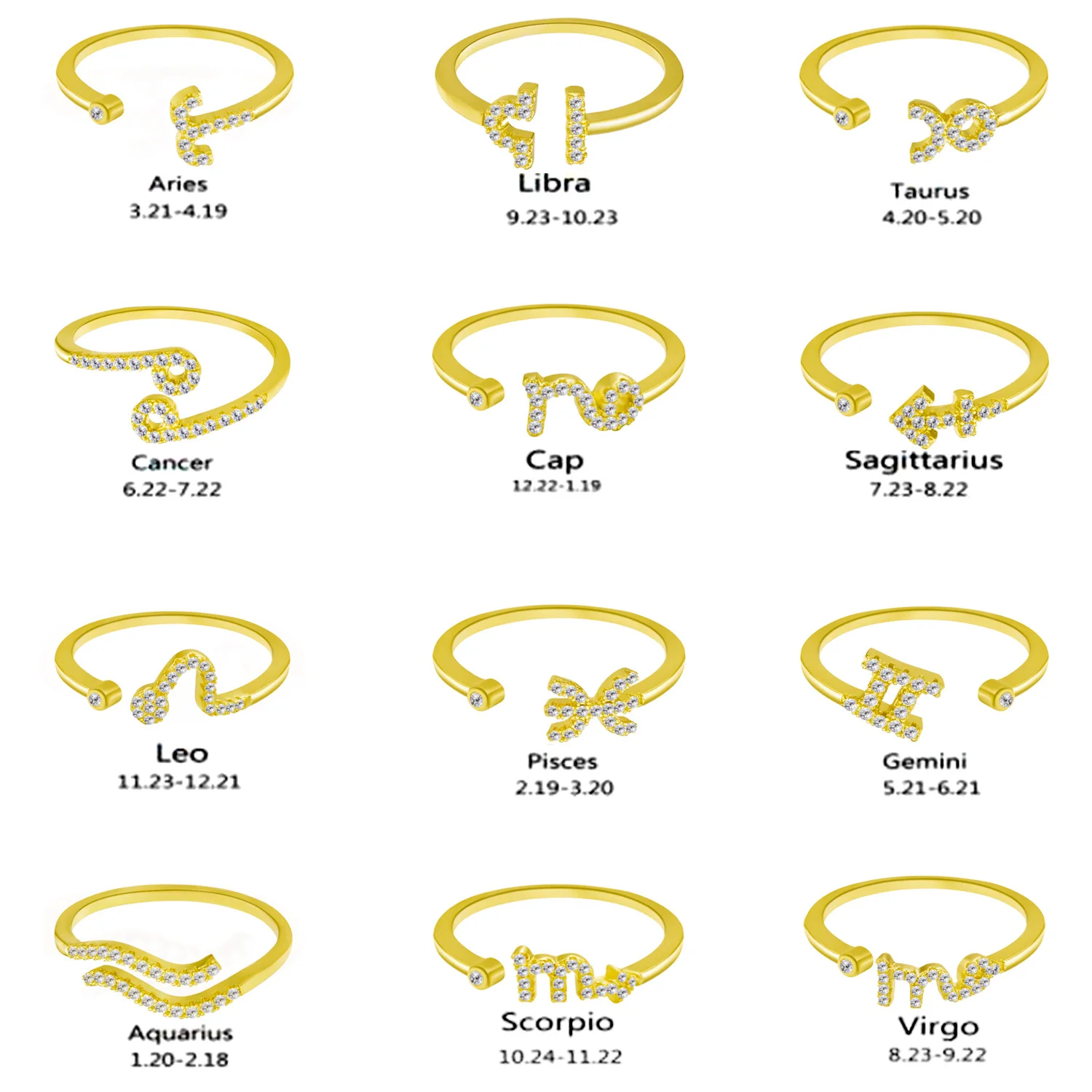 

Women's Zodiac Diamond Rings Stainless Steel 12 Constellation Open Ring Taurus Cancer Aries Leo Virgo Gemini Libra Birthday Gift