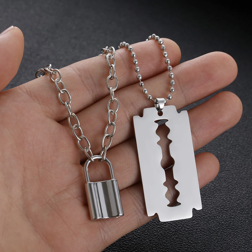 1 шт. женский двухслойный замок кулон ожерелье полый из большого лезвия бритвы