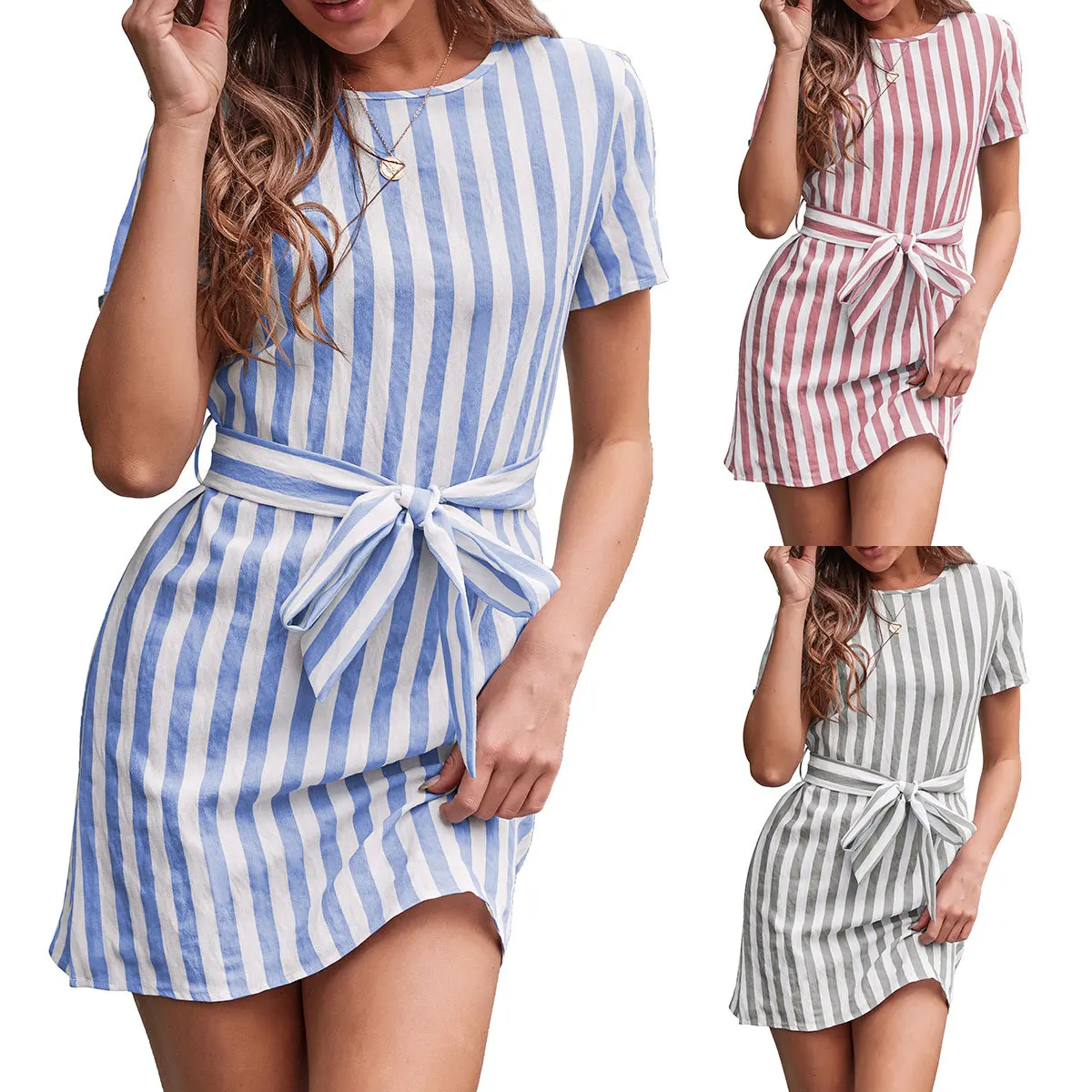 

LittleHouseGirl2021 women's spring and summer new skirt ladies elegant and delicate beautiful striped belt short-sleeved dress