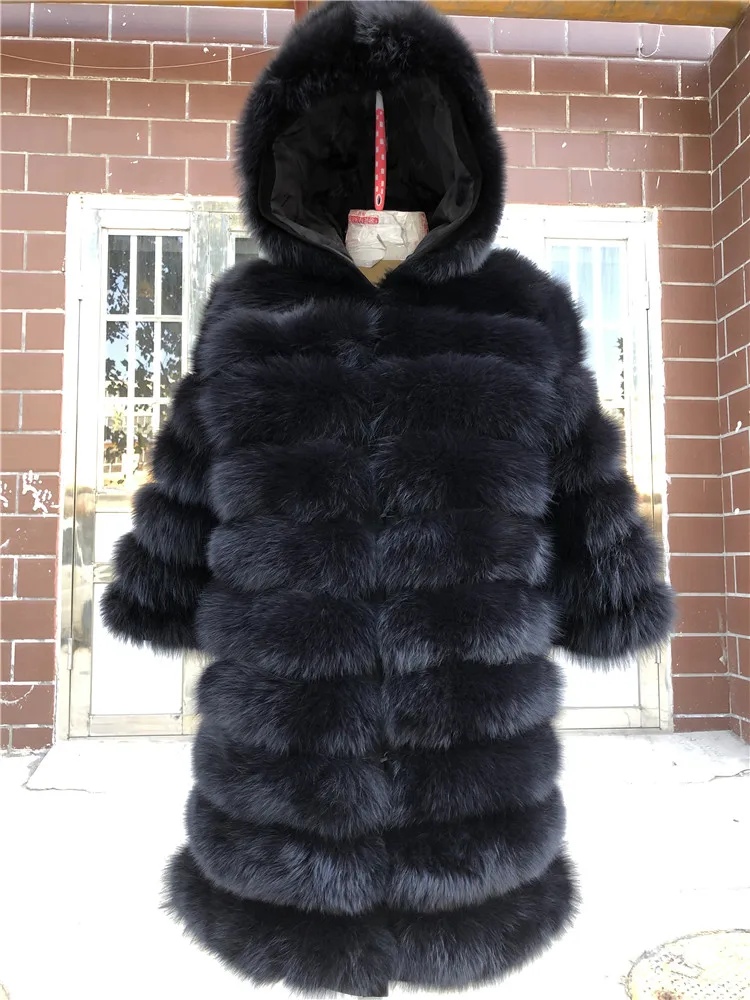 dark gray-hood Натуральная Шуба из натурального Лисьего меха, Женский Зимний натуральный жилет, Толстая теплая длинная куртка с рукавами, верхняя одежда пальто женское - Цвет: dark gray-hood