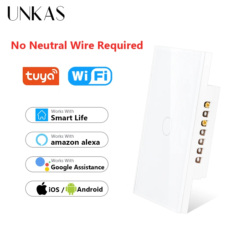 

UNKAS Smart Home Wifi Touch Switch No Neutral Wire Required 1/2/3 Gang Light Switch 220V Support Alexa Tuya App 433RF Remote