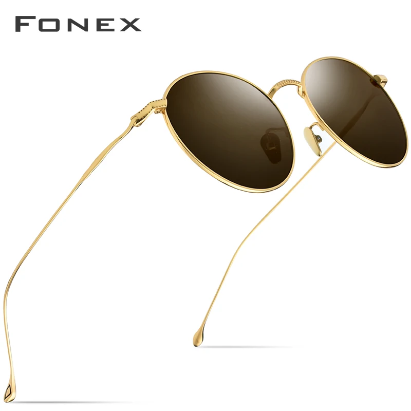 FONEX из чистого титана солнцезащитные очки мужские винтажные маленькие круглые поляризационные солнцезащитные очки для женщин Ретро Высокое качество UV400 оттенки 8508 - Цвет линз: Коричневый