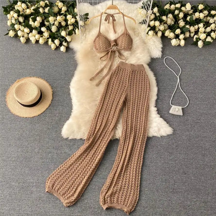 

2022 Women Summer Design Knitted Set Sexy Backless Halter Short Tops+Chic Hollow Knitted Wide Leg Long Pants Two Piece Suit
