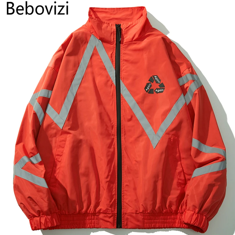Bebovisi, мужское оранжевое пальто на молнии, в стиле хип-хоп, 3м, светоотражающая ветровка, куртки, Harajuku, уличная одежда, городская спортивная куртка и пальто