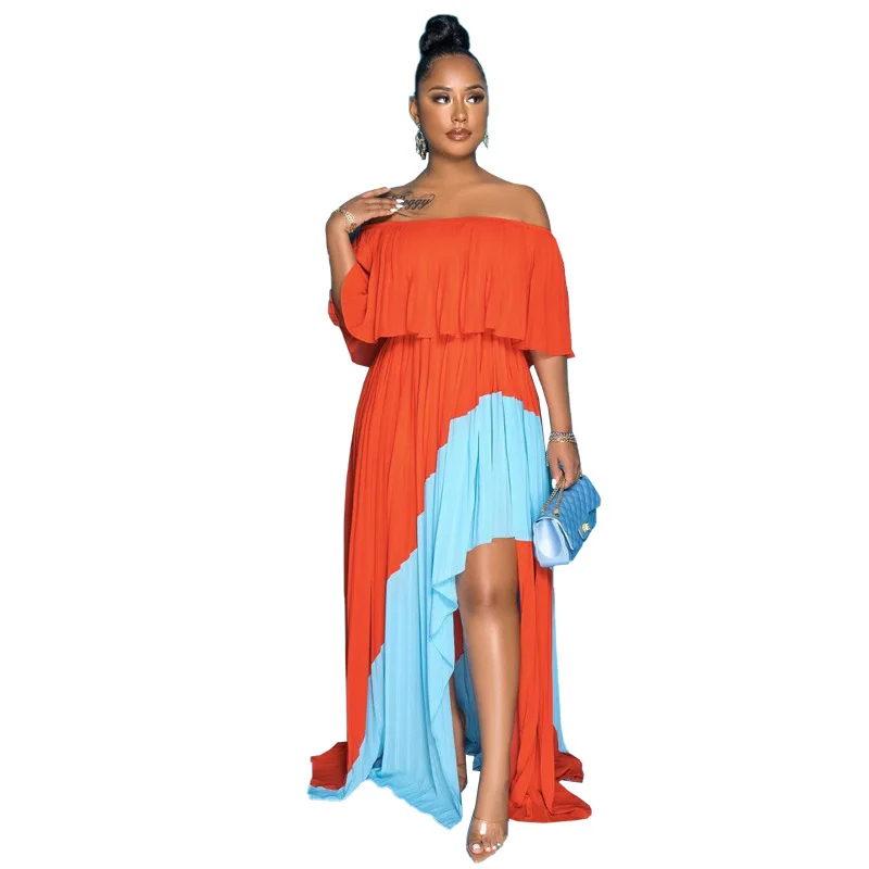 

Off Shoulder Chiffon Dress Fashion Lady Irregular Pleated Long Dress Women Patchwork Casual Elegant Holiday Loose Beach Dresses