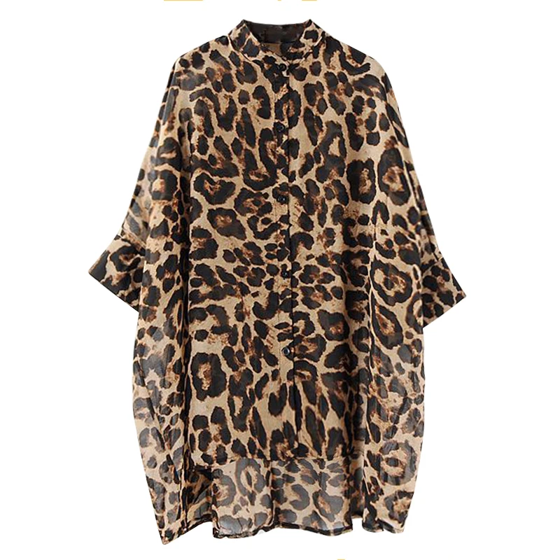 

IEQJ Loose Oversized Irregular Leopard Print Chiffon Shirt For Women Stand Collar Casual New Fashion Tide 2021 Summer 3GD6