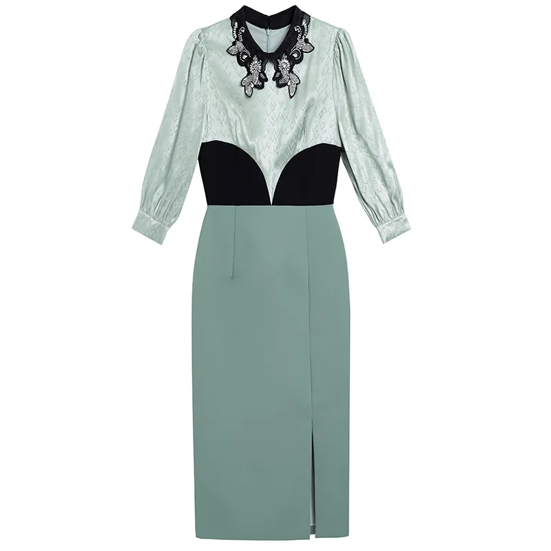 

2021 Early Spring Dress Waist Slimming Women's Bubble Sleeve Beaded 3/4 Sleeve Formal Occasion Dress Black Skirt