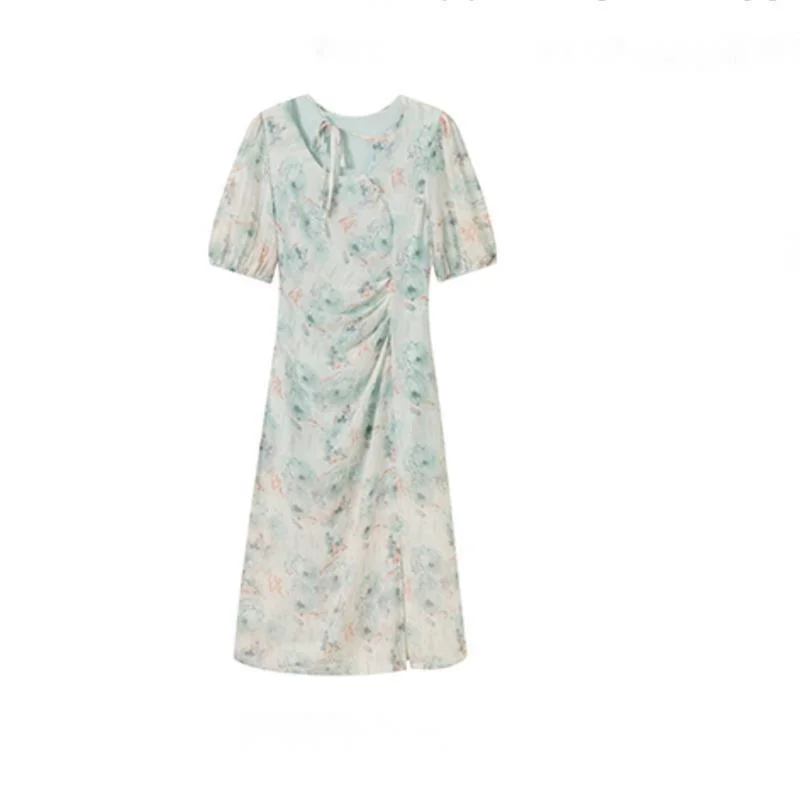 

Woman Lace Up Print Bubble Sleeve A-line Dress Female Split Slim Waist Asymmetrical-ncek Dresses Elegant Office Lady Vestidos