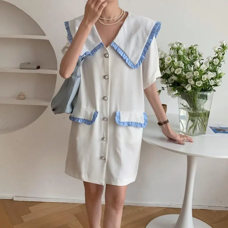 

Женское офисное платье с оборками Alien Kitty, элегантное винтажное прямое платье мини с темно-синим воротником, лето 2021