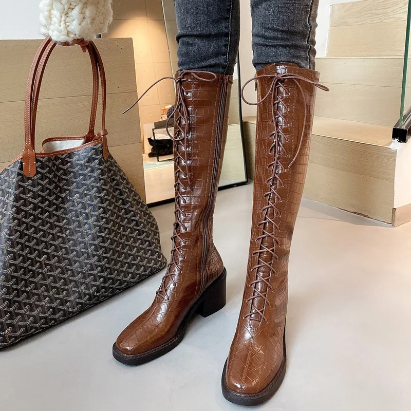 

New Brand Autumn Winter Knee High Boots For Women Black Brown Thick High Heel Long Boots Zip Square Toe Shoes Female Size 34-40