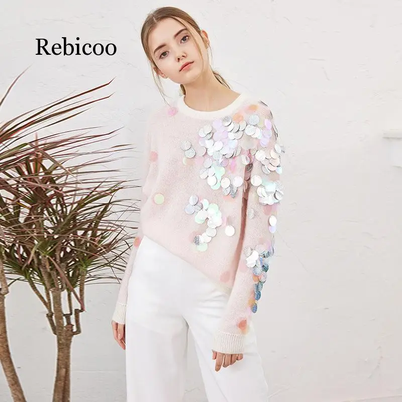 2019 новые одежды для девочек в розовом цвете Круглый воротник шерсть мохер свитер