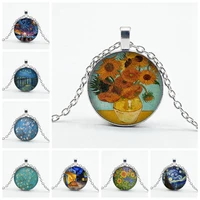new van gogh starry night sunflower necklace with artwork pattern dome glass pendant necklace