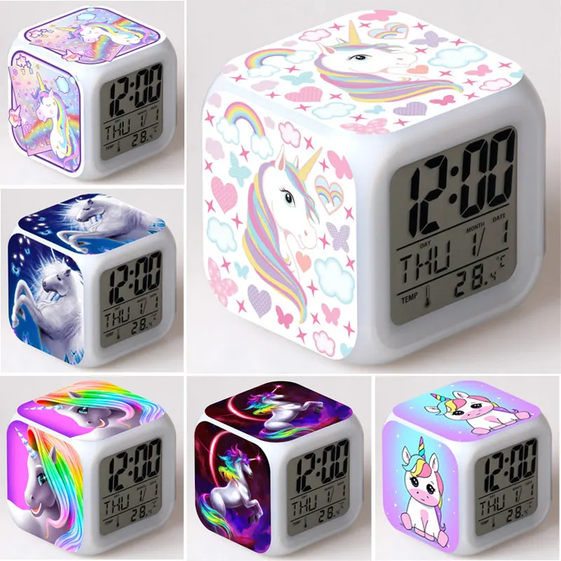 

Будильник с единорогом, светодиодные цифросветодиодный часы, 7 цветов, менясветильник свет, светящиеся ночью детские настольные часы с един...