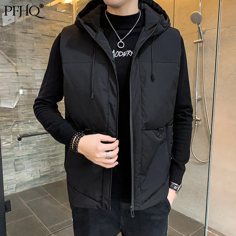 

PFHQ 2021 New Men's Fashion Loose Solid Color Zipper With Hood Casual Waistcoat Down Cotton Jacket Autumn And Winter 21D701