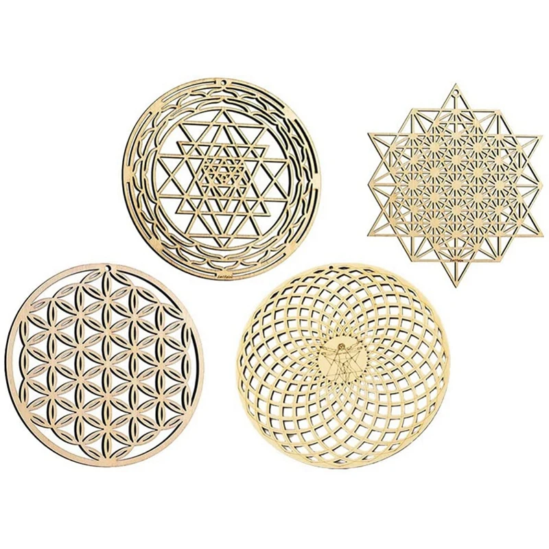 4Pcs Sacred Geometry Wall Art Flower Of Life Grid Wooden Accent Decor Crystal Board Sculpture | Дом и сад