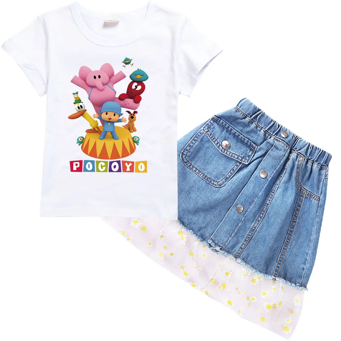 Футболка с коротким рукавом и джинсовая юбка для девочек|Костюмы девочек| |