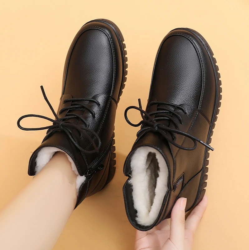 Harga Genuien Sepatu Bot Pergelangan Kaki Kulit Wanita Sepatu Bot Salju Bulu Hangat Musim Dingin Sepatu Wedges Hitam Untuk Wanita Sepatu Pergelangan Kaki Bagus Musim Dingin Sepatu Bot Empuk