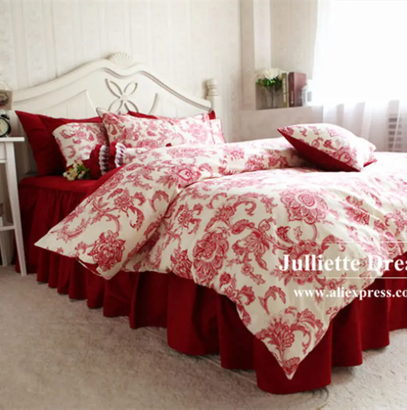 

New European vintage bedding set French pastoral duvet cover tribute silk bed sheet wedding decoration bedding red bedspread