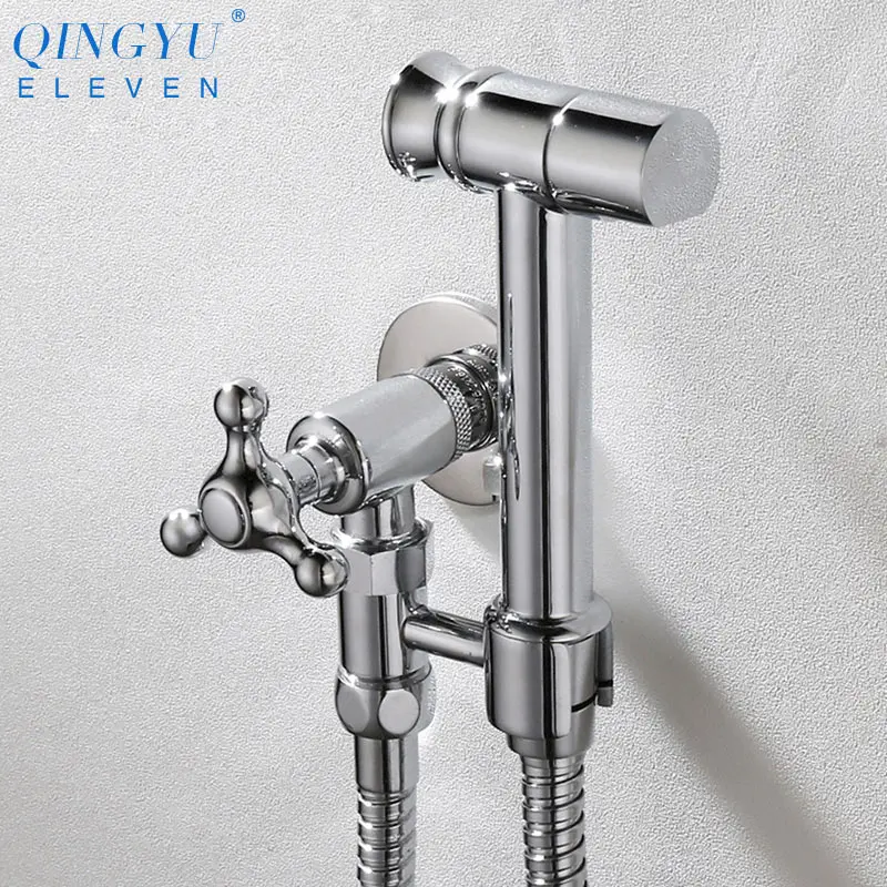 

New Solid Brass Bidet Faucet Single Cold & Cold Hot Water Corner Valve Bidet faucets Free press Bidet spray gun Shower Set
