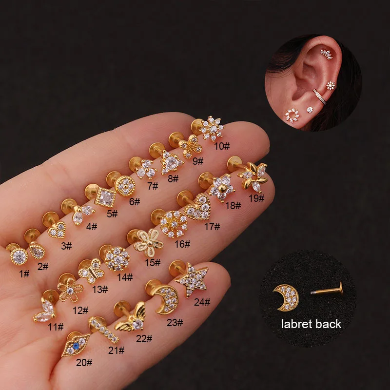 

New Cz Cartilage Earring Flower Crown Heart Moon Labret Back Ear Piercing Jewelry Helix Daith Conch Tragus Earrings