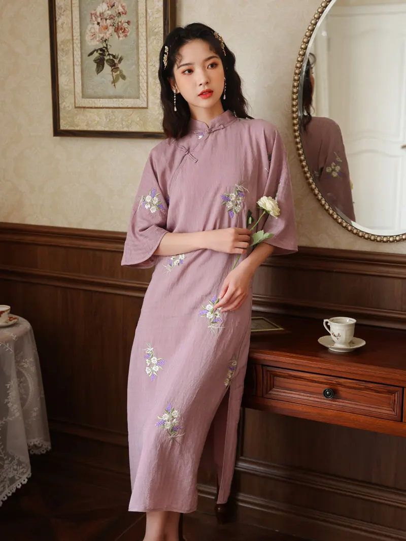 

Новинка, молодежное свободное платье qipao среднего лета, фиолетовое повседневное женское платье