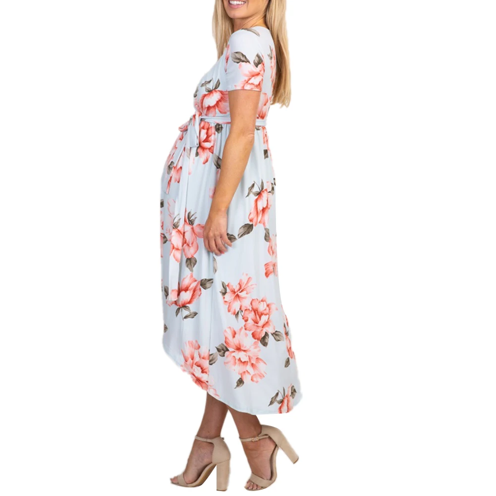Длинное платье для беременных женщин с цветочным принтом коротким рукавом и