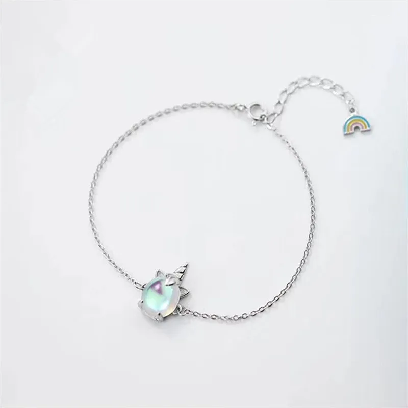 

Female 925 Sterling Silver Rainbow Colorful Moonstone Bracelets & Bangles For Women Creative Girls Lovers Cute Gift Bracelets