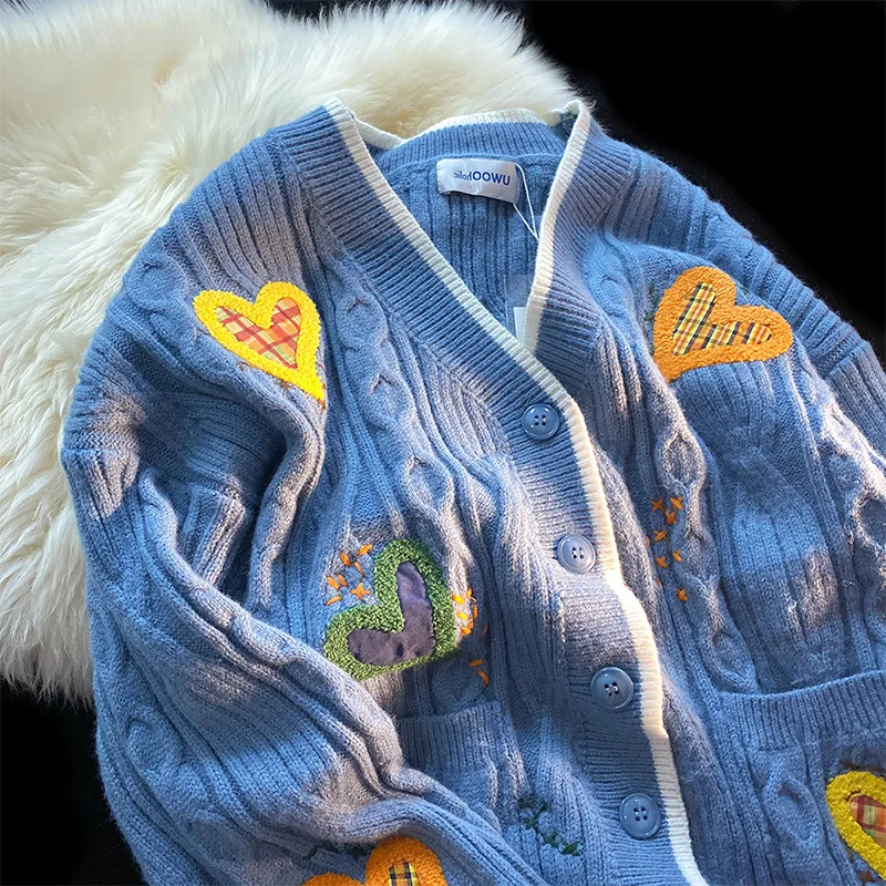 

2022 Winter Love Jacquard Cardigan Sweater Coat Men Retro Fashion Brand Loose Couple Casual Sweater