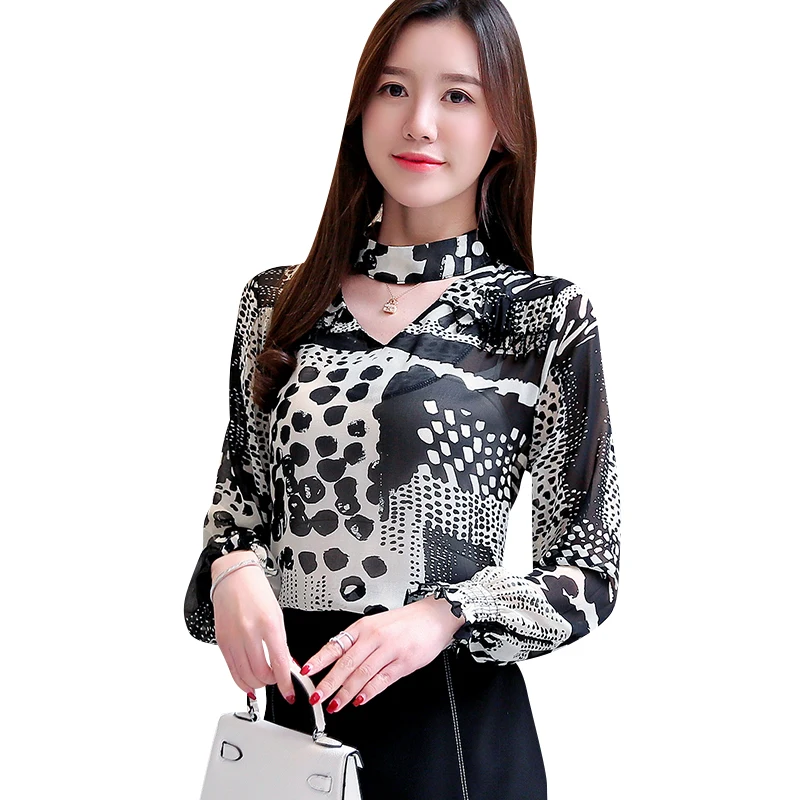 

2021 Autumn Fashion Women Chiffon Shirt Long Sleeve Shirt Print V-neck Women Shirts Black and White Blusas Mujer De Moda 6267 50