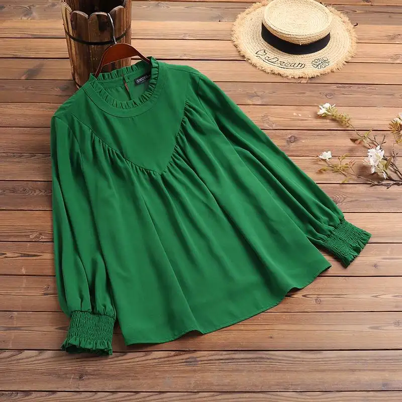 ZANZEA 2022 Women Fashion Casual Office Shirt Solid Chemise Femme Clothing Plain Ruffles Work Blusa Autumn Puff Sleeve Blouse