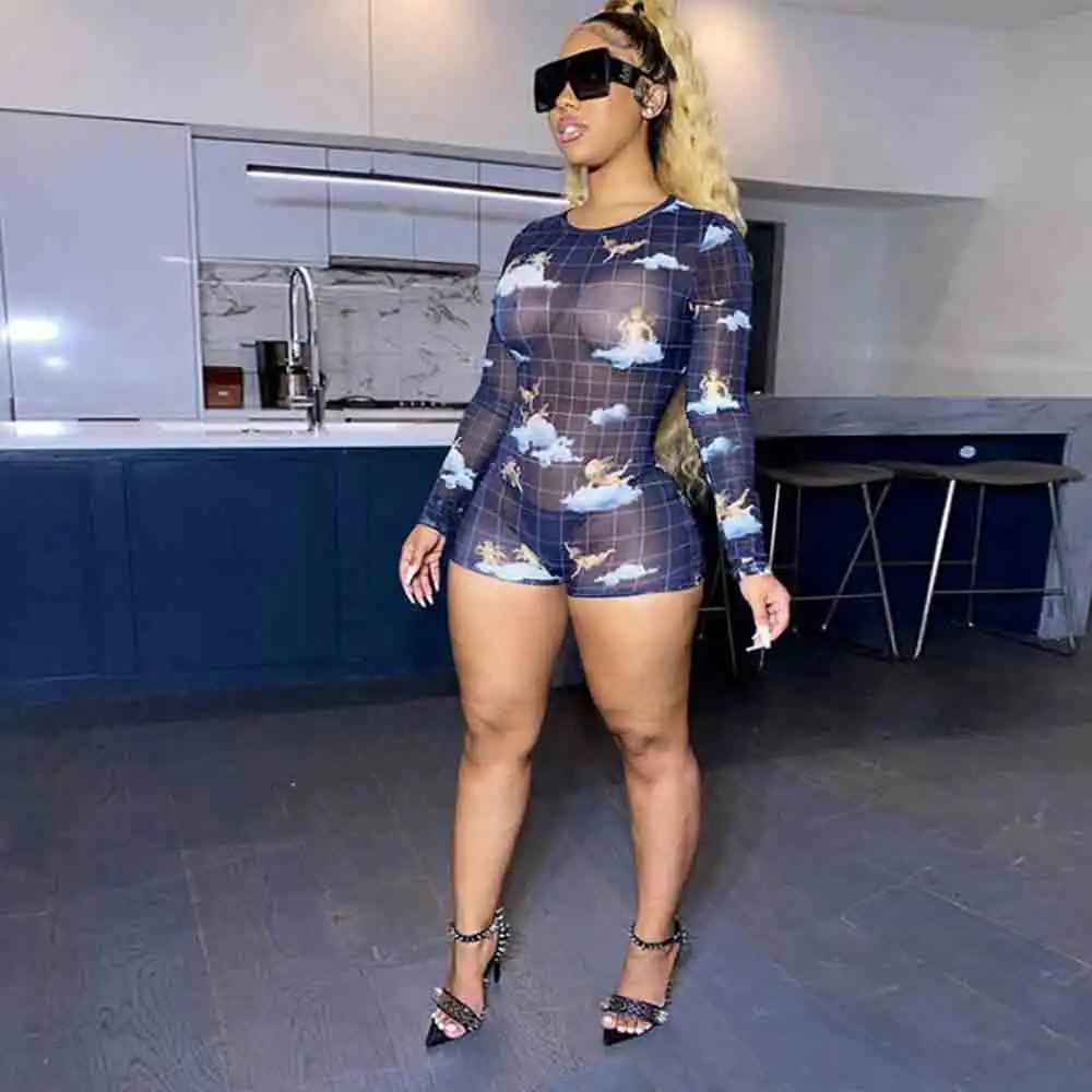 

Mesh Angel Printed Plaid Romper Women Sexy See Through Skinny Butty Shorts Jumpsuit Zipper Female Hot Clubwear Streetwear
